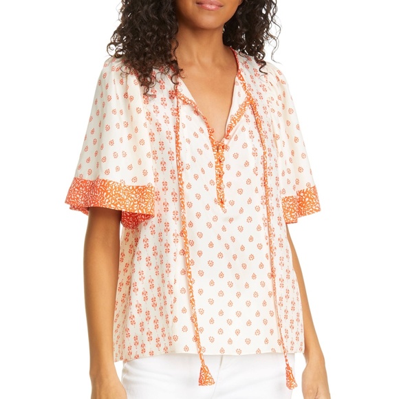 ✨NWT✨ REBECCA TAYLOR Silk Top Lily Block Print Blouse in Tomato Sz US 2 (XS) - Picture 5 of 12